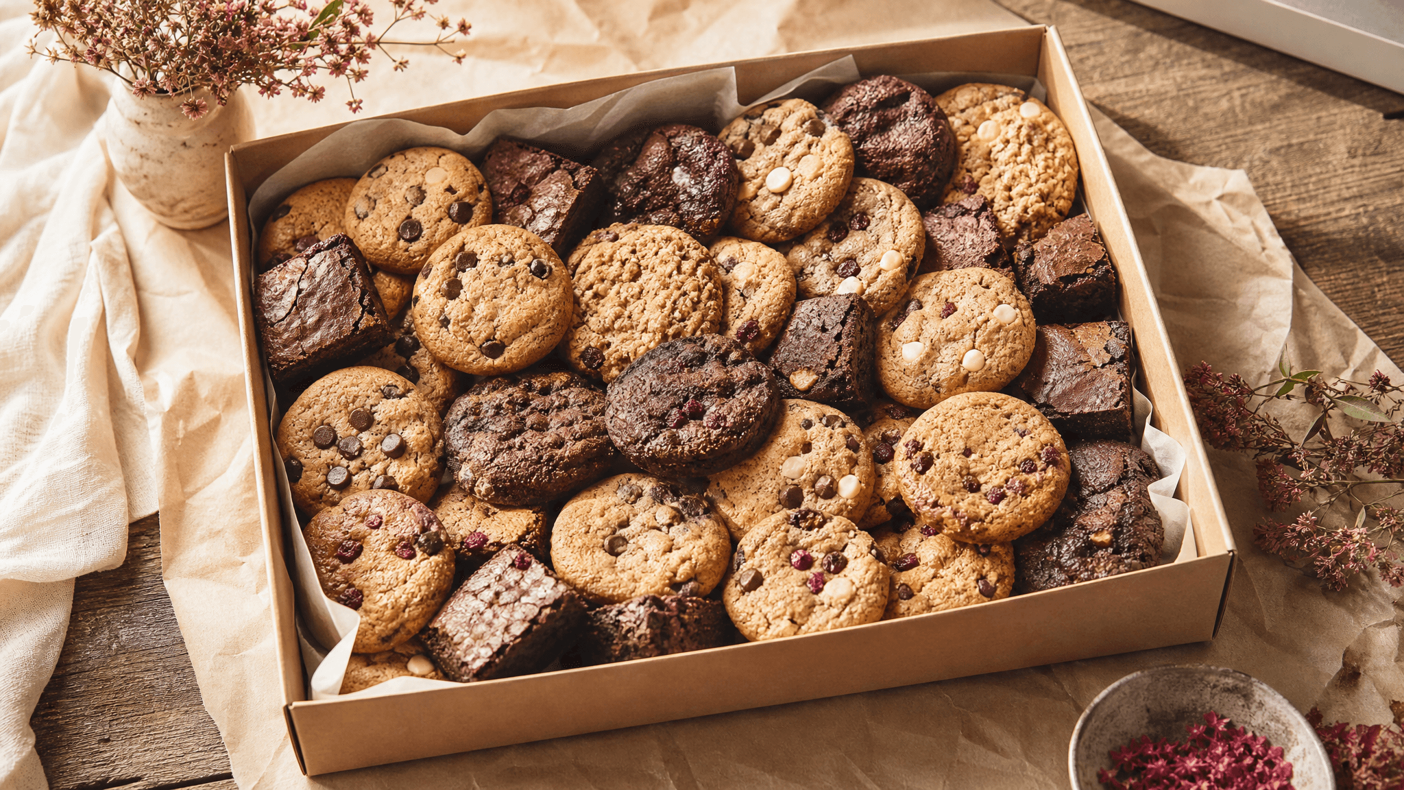 An open sharing box filled edge to edge with cookies and fudgy brownies on a kraft-paper table