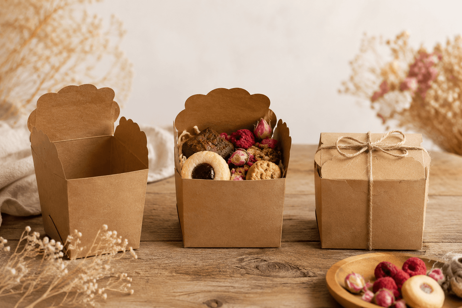 Three kraft boxes shown from empty to filled to tied with twine