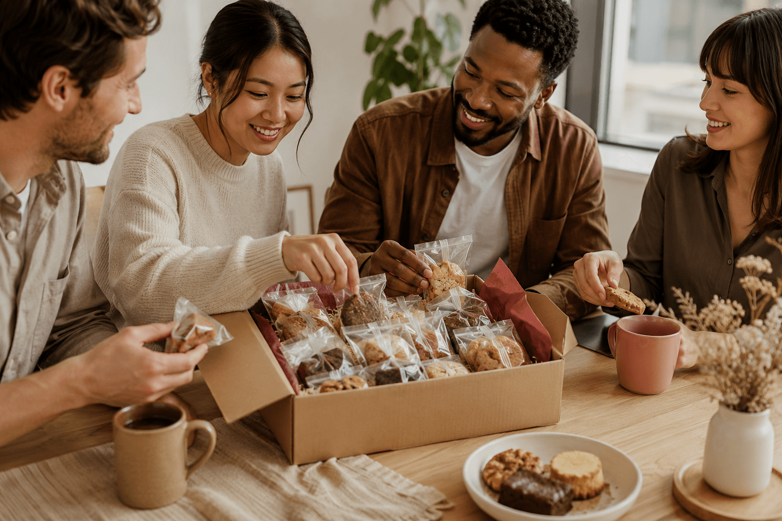 An open box of treats being shared around a table